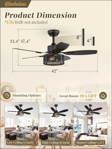 Vista 2 de Ventiladores de techo estilo granja con luces y control remoto, ventiladores de techo industriales negros enjaulados de 42 pulgadas para sala
