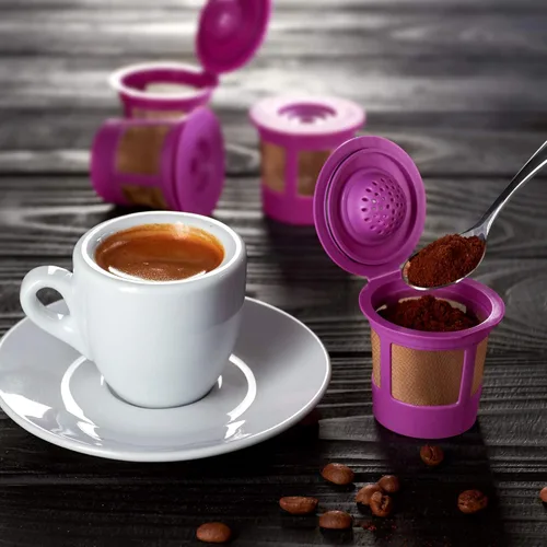 Vista 5 de 6 tazas K reutilizables para cafeteras Keurig, sin BPA, ajuste universal, filtros de café Kcups recargables morados para cafeteras Keurig 1.0 y 2.0
