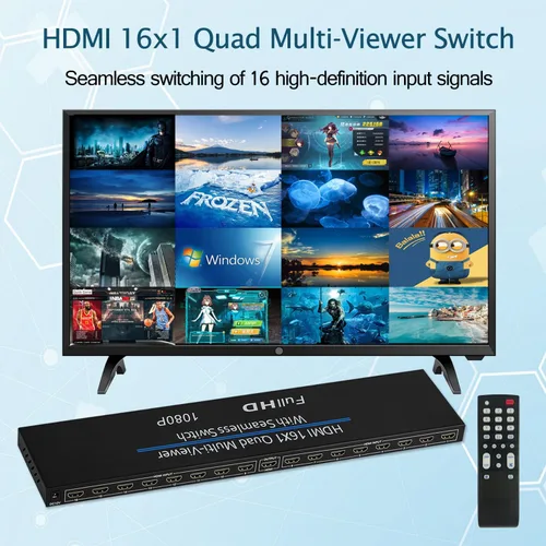 Vista 2 de HDMI Quad MultiViewer 16x1, conmutador sin fisuras 16 en 1 salida con control remoto IR, soporte 1080p y 8 modos de visualización