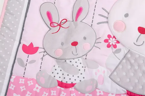 Vista 3 de Juego de ropa de cama de 7 piezas de conejito floral rosa para cuna de bebé, niña, flor, mariquita, nube, conejito