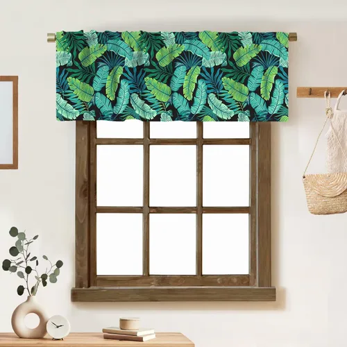 Vista 7 de Cortina de cenefa de hojas verdes tropicales, diseño de hojas de palmera, cenefa con bolsillo para barra, 1 panel, cortinas cortas para cocina
