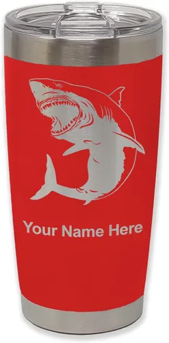 Vista 34 de LaserGram Vaso aislado al vacío de 20 onzas, gran tiburón blanco, grabado personalizado incluido (negro)