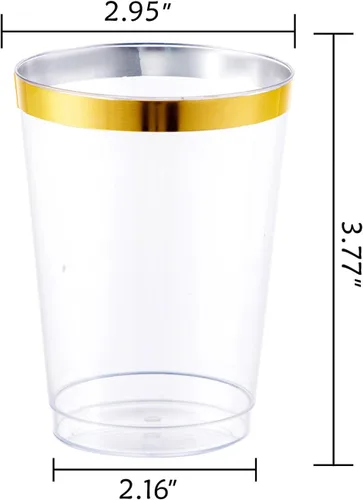 Vista 2 de I00000 100 vasos de plástico dorados, vasos de plástico transparente de 10 onzas con borde dorado, tazas de cerveza, vasos duros desechables
