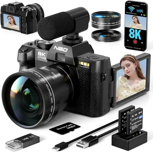 8K Digital Cameras for Photography 64MP - 16X Zoom Autofocus, WiFi, 180° Flip Screen with Wide-Angle & Macro Lens, Vlogging Camera for YouTube