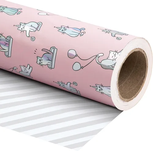 Vista 10 de WRAPAHOLIC Papel de regalo reversible de cumpleaños, mini rollo, 17 pulgadas x 33 pies, adorables perros con brillo metálico y azul sólido