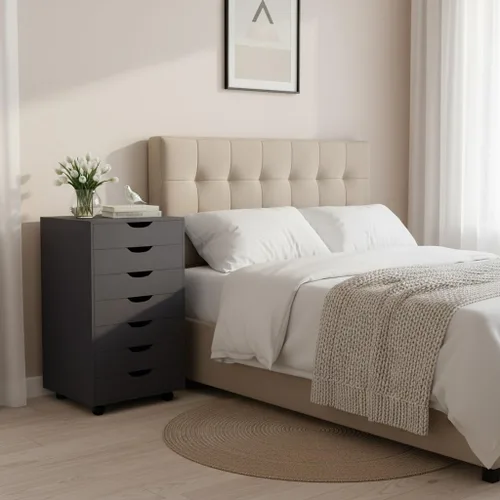 Vista 27 de Naomi Home Cómoda de 5 cajones para dormitorio, alta y elegante, con ruedas y estantes de almacenamiento, pequeña para guardarropa, para maquillaje