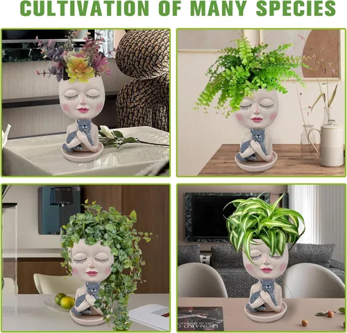 Vista 5 de Macetas de cara para plantas, maceta con cabeza de maceta con gato, macetas para suculentas con orificio de drenaje, maceta de resina