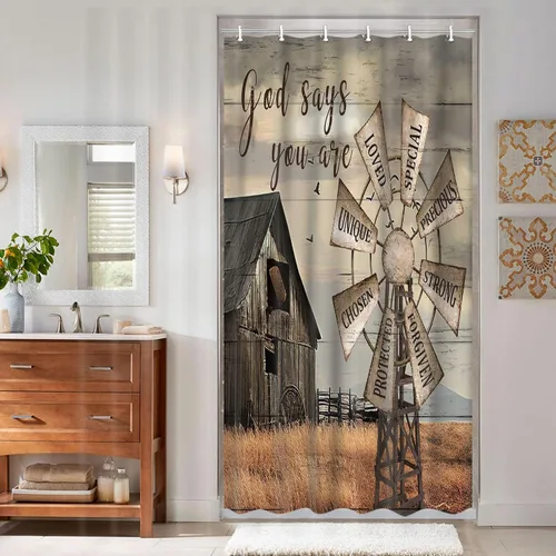 Vista 34 de Cortina de ducha de puerta de granero rústica de tamaño pequeño para baño, juegos de cortinas de decoración de baño de tablones de madera retro
