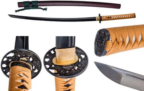 Vista 15 de Samurai Katana,1060 acero de alto carbono,Acero T10,Acero de Damasco,Aleación Tsuba,Mango de madera maciza