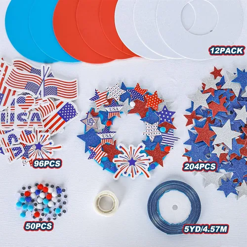 Vista 3 de Whaline Kit de manualidades de corona de espuma patriótica, calcomanías de estrella de bandera estadounidense, calcomanías de estrella