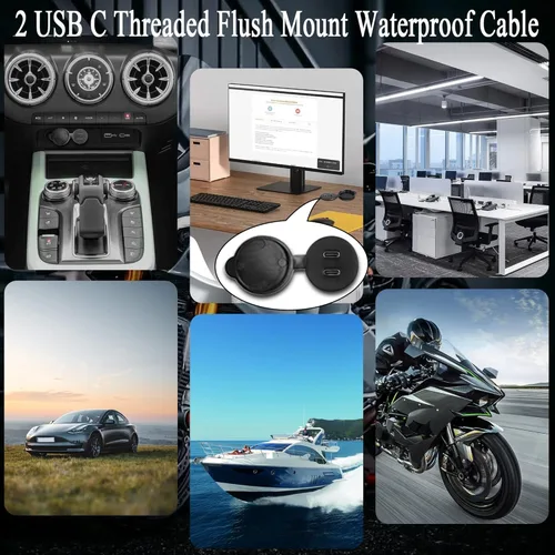 Vista 5 de QIANRENON 2 USB C roscado montaje empotrado cable impermeable doble USB C 2.0 macho a hembra montaje en tablero de coche cable de extensión