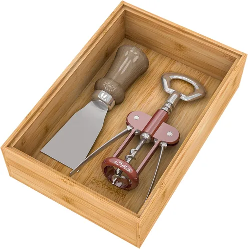 Vista 10 de Organizador de utensilios de cubiertos, organizador de cajones de cubiertos – Soporte apilable de bambú para cubiertos, bandejas de almacenamiento