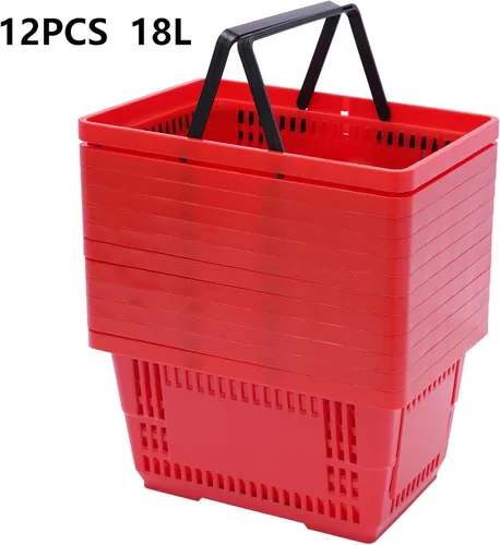Vista 2 de 12 cestas de compras de 18 litros con asas, cestas de compras, carritos de comestibles con asas, cestas de plástico para tiendas de comestibles