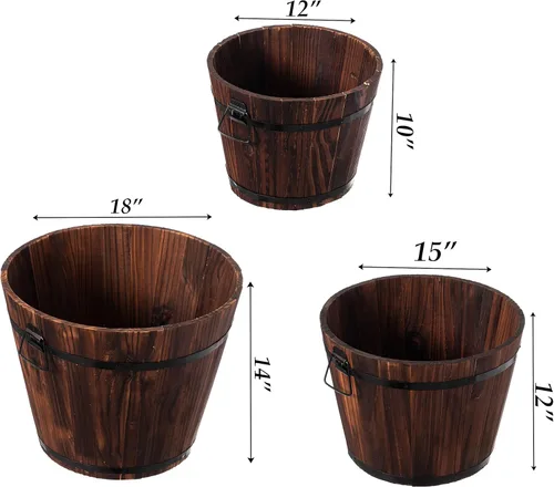 Vista 6 de Maceta rústica de madera para whisky con asas de medalla duraderas y agujero de drenaje, perfecta para plantas de interior y exterior, hierbas