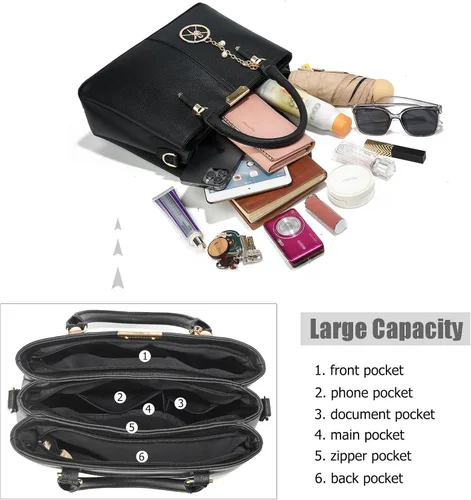 Vista 4 de Bolso y bolsos de mano para mujer, 3 compartimentos con cremallera, bolso de mano de diseñador con asa superior