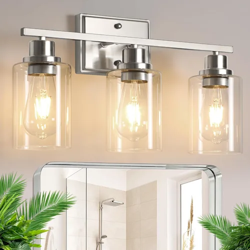 Vista 13 de Unicozin 2 lámparas de baño, modernas luces de tocador sobre el espejo, lámpara de pared de níquel cepillado con vidrio transparente para sala