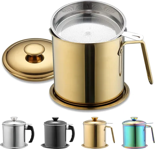 Vista 8 de Berglander Recipiente de grasa de tocino con colador de 47 oz/1.4 L, recipiente de almacenamiento de aceite de acero inoxidable con filtro de malla