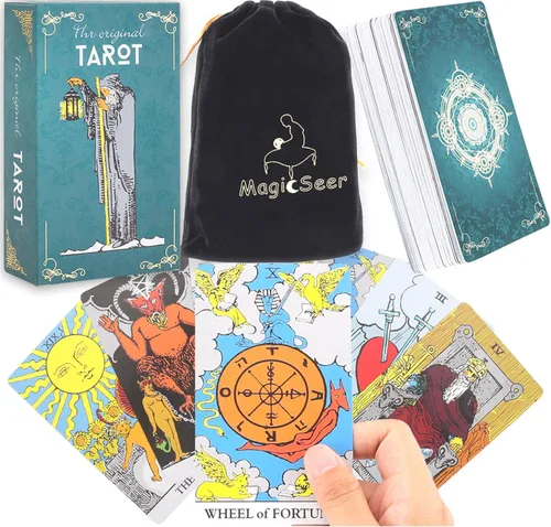 MagicSeer Tarjetas de tarot, 78 piezas de baraja grande duradera sin bordes para principiantes y expertos, tinta premium e impresión precisa, bolsa