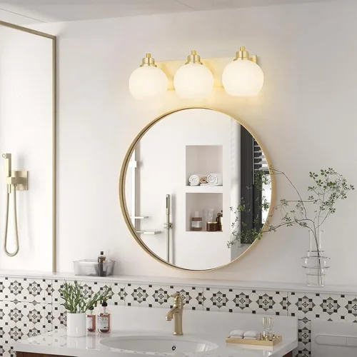 Vista 4 de Tuscarora Lámparas de Baño Doradas para Tocador, Lámpara de Tocador de 3 Luces, Apliques de Pared, Iluminación de Latón Cepillado, Luces de Baño