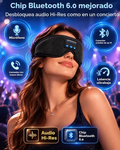 Vista 6 de Cubre ojos Bluetooth 5.0 inalámbricos 3D, audífonos para dormir lavables con altavoces estéreo ultradelgados ajustables, micrófono manos libres Negro