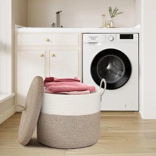 Vista 4 de Cesta de almacenamiento grande de 18" X 18" X 14" con tapa, cesta para mantas de sala de estar, caja de almacenamiento de cuerda de algodón tejida