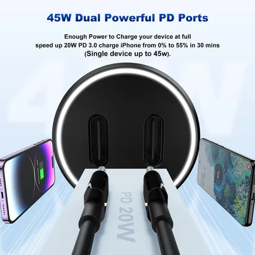 Vista 5 de Cargador de coche para iPhone 14 13, [certificado Apple MFi] Adaptador rápido USB C de 45 W de doble puerto USB C para automóvil con cable Lightning