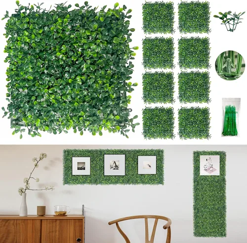 Vista 10 de Bybeton Panel de pared verde artificial, 20 x 20 pulgadas, 16 unidades, paneles de césped sintético de boj anti rayos UV para telón de fondo, pared