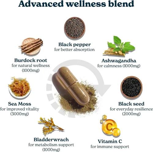 Vista 2 de 3000 mg de musgo marino de Iris, 2000 mg de aceite de semilla negra, 1000 mg de ashwagandha, 1000 mg de raíz de burdock, 1000 mg de bledo