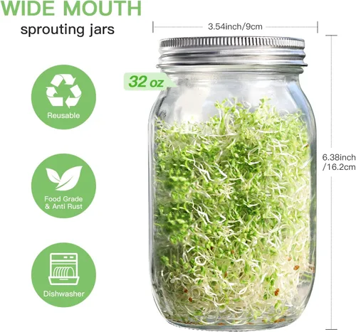 Vista 5 de Kit de tarros de germinación de semillas – 2 tarros de masón de boca ancha con tapas de germinación de acero inoxidable 316, bandeja de goteo