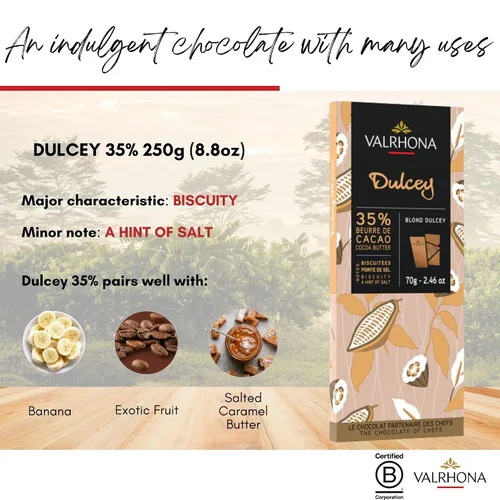 Vista 2 de Valrhona Barras de chocolate rubio francés premium DULCEY 35% de sabor a cacao, notas cremosas de sabor a galletas de caramelo. Fácil de derretir