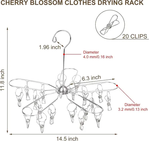 Vista 3 de Estoder Percha de secado de ropa plegable de acero inoxidable con 20 clips, colgador de secadora de calcetines para colgar ropa interior, toallas