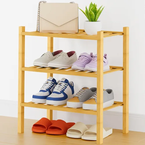 Vista 35 de Smiry Zapatero pequeño de bambú de 2 niveles, apilable, estante de almacenamiento de zapatos de madera para armario, entrada, entrada de puerta Negro