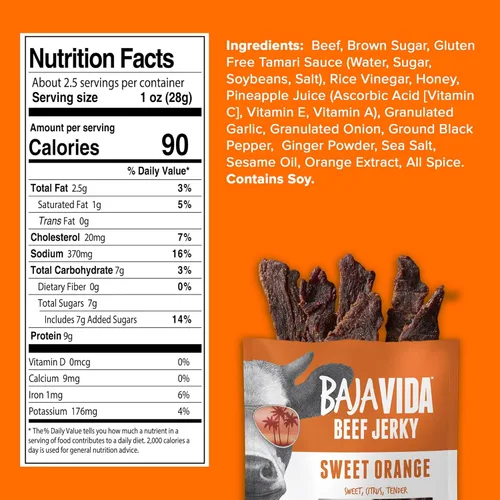 Vista 3 de Baja Vida Sweet Orange Beef Jerky – Paquetes de bocadillos de carne seca saludable, sin gluten, carne de res totalmente natural, sin MSG, fabricado