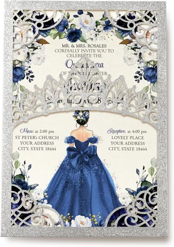 Vista 19 de 50 invitaciones de quinceañera con corona negra perlada cortada con láser Invitaciones de cumpleaños florales burdeos para Sweet 16/Miss XV