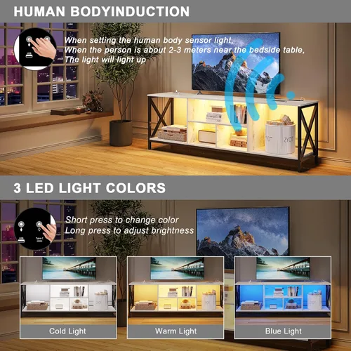 Vista 3 de HNEBC Soporte de TV de 75 pulgadas con luces LED, centro de entretenimiento industrial con almacenamiento, soporte de TV LED con estación de carga