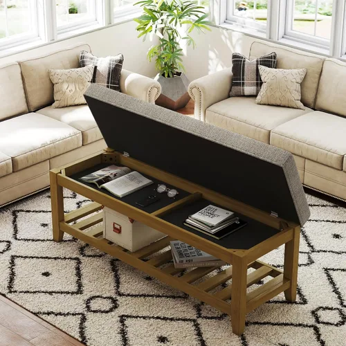 Vista 17 de Befurtori Mesa de centro otomana cuadrada grande, otomana tapizada de lino sólido con estante de madera maciza, mesa de centro copetuda