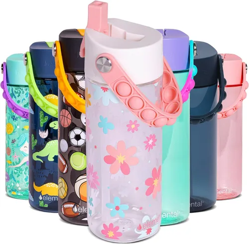 Vista 65 de Elemental Botellas de agua para niños – Botella de agua para niños Splash para la escuela con mango Pop-it – Botella de agua de plástico Tritan sin