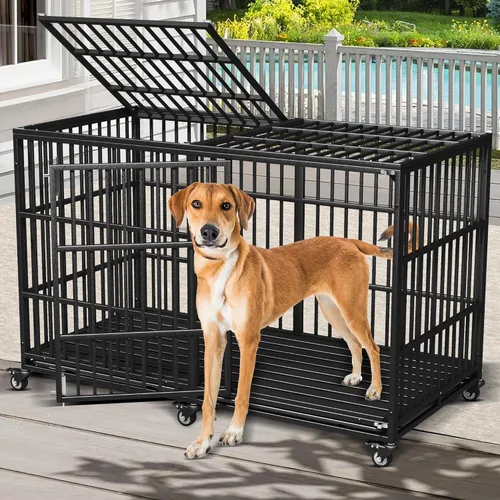 Vista 8 de Jaula de alta resistencia para perros grandes, 58 pulgadas extra grande para interiores, jaula de techo para perros con alta ansiedad