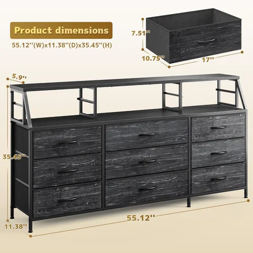 Vista 2 de Homkdom Cómoda negra para dormitorio con cajones de tela, cómoda larga, cómoda de soporte de TV de 55 pulgadas de ancho, centro de entretenimiento