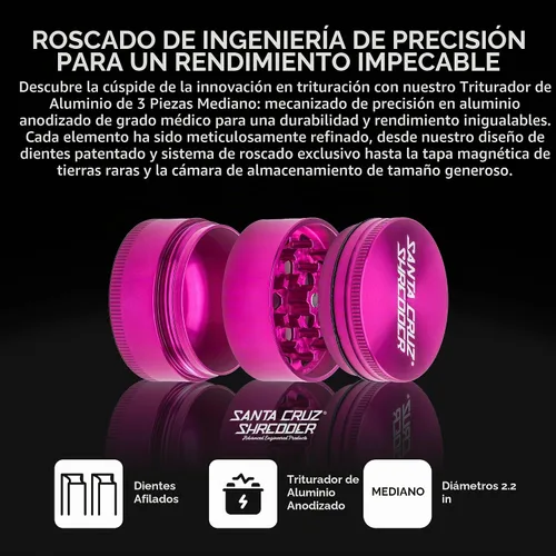 Vista 2 de Santa Cruz Shredder Molinillo de especias de metal con parte superior moleteada para un agarre más fuerte, 3 piezas, mediano de 2.2 pulgadas (rosa)