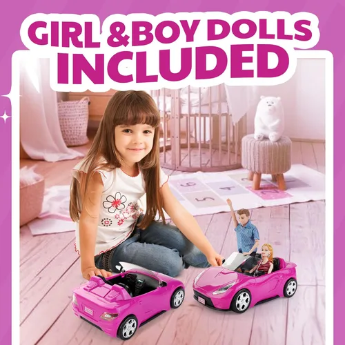 Vista 2 de Liberty Imports Coche convertible de tamaño muñeca para muñecas – Vehículo rosa de 2 plazas con ruedas rodantes, cinturones de seguridad con dos
