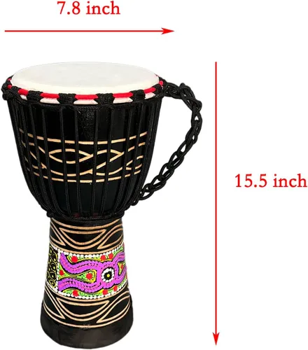 Vista 2 de BORIYAM Tambor Djembe profesionalmente tallado a mano, cabeza de tambor de piel de cabra, pandereta estilo africano occidental, bongo, percusión