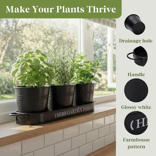 Vista 5 de PERFNIQUE Jardín de Hierbas de Interior, Maceta para Hierbas de Interior/Exterior, Macetas de Estilo Campestre, Jardín de Hierbas en Ventana