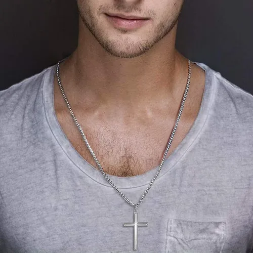 Vista 2 de FANCIME Collar con cruz biselada de plata de ley 925 maciza pulida con chapa de oro amarillo o blanco Collar de crucifijo para hombre Collar largo
