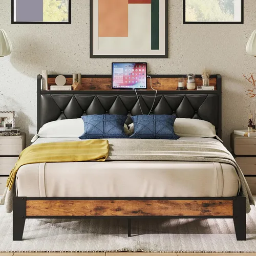 Vista 17 de ANCTOR - Base de cama tamaño Matrimonial, cabecera con almacenamiento y enchufes, fácil de instalar, resistente y estable, sin ruido, no necesita