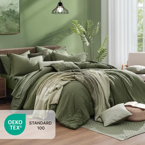 Vista 6 de Monbix - Juego de edredón de 7 piezas, teñido catiónico, color verde oliva, ropa de cama en una bolsa, tamaño Queen, con edredón, sábanas, fundas