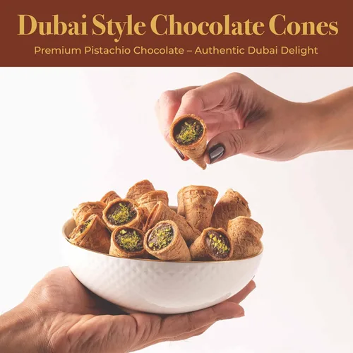 Vista 5 de Leonessa Conos de Chocolate Dubai con Pistacho Kunafa Hechos con Chocolates Belgas Premium Chocolate Kunafa Chocolates de Dubai - 4,7 oz