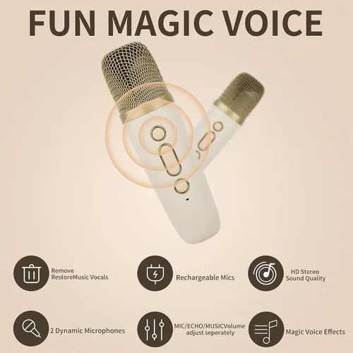 Vista 5 de Mini máquina de karaoke con 2 micrófonos inalámbricos, altavoz portátil de karaoke Bluetooth para niños y adultos con luces LED, regalos para niñas