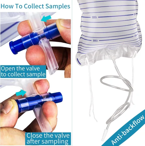 Vista 5 de Paquete de 10 bolsas de drenaje urinario, bolsas urinarias con válvula antirreflujo, bolsas de orina de 67.6 fl oz con interruptor de drenaje fácil