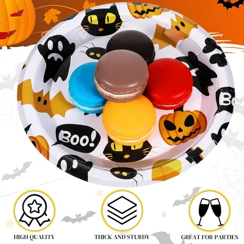 Vista 3 de Meanplan Platos de postre de Halloween, platos desechables redondos de Halloween, platos de papel de calabaza, gato, fantasma, juego de vajilla